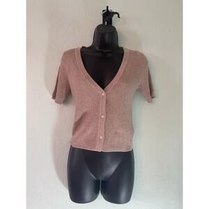 The Drop Womens XS Tan Cardigan Sweater Buttons Short Sleeve Cropped Top